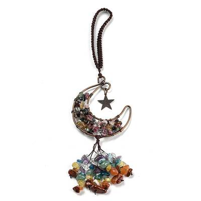 Wire Wrapped Brass Moon & Natural Tourmaline Pendant Decoration
