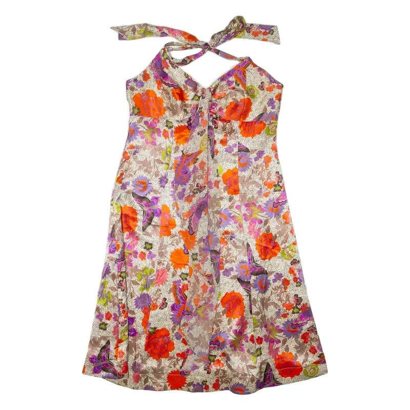 MONSOON Womens Day Dress Beige Silk Floral Sleeveless Short UK 14