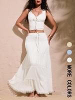 Two-piece Set Women's Contrast Lace Tank Top & Skirt, Casual Tie Front Sleeveless Top & Long Skirt for Beach Holiday Vacation...