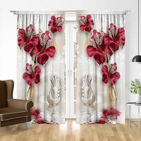 Floral & Swan Print Curtain, 2 Counts Modern Rod Household Curtains, Decorative Window Curtain for Home, Christmas Decor, Fal...