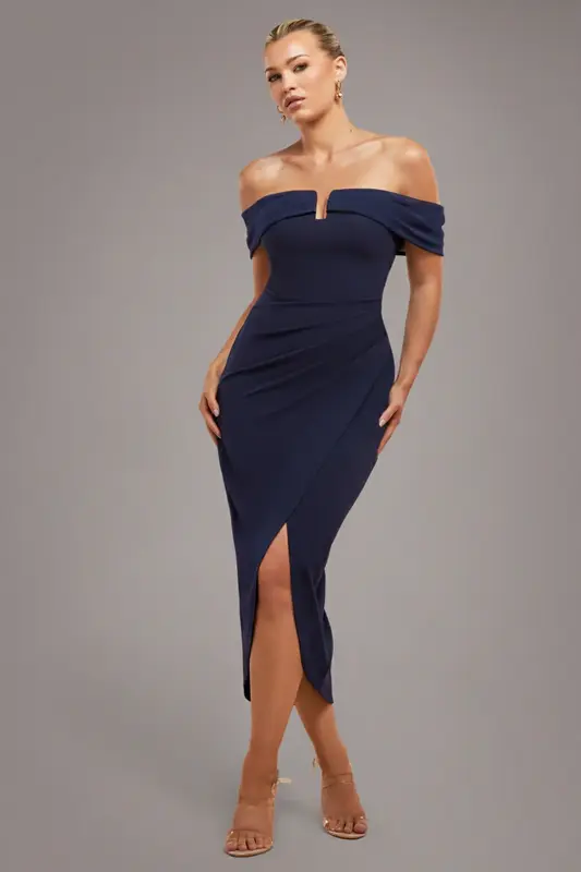 Goddiva Off The Shoulder Chiffon Wing Scuba Crepe Midi Dress - Navy Blue