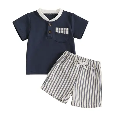 Toddler Baby Boy Summer Clothes Short Sleeve Pocket T-Shirt Stripe Drawstring Shorts Outfit