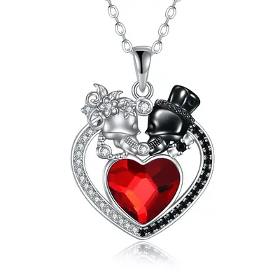 Sterling Silver Two-Tone Heart Crystal Cubic Zirconia Skull Pendant Necklace For Unisex