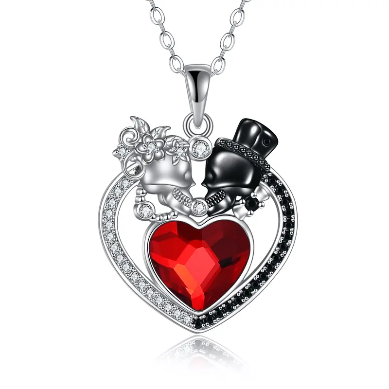 Sterling Silver Two-Tone Heart Crystal Cubic Zirconia Skull Pendant Necklace For Unisex