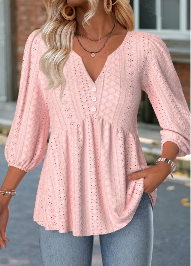 Modlily Light Pink 3/4 Sleeve Split Neck Blouse - XXL