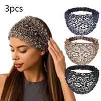 Rhinestone & Beads Decor Lace Wide Band Hairband, 3 Counts Hollow Out Flower Design Hair Band, Fashion Hair Accessories for W...