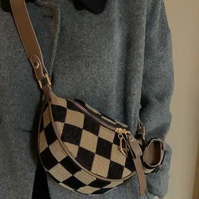 Women's Checked Pattern Fanny Pack, With Headphone Bag, Fashionable PU Leather Zipper Bum Bag For Daily Used, Casual Versatil...