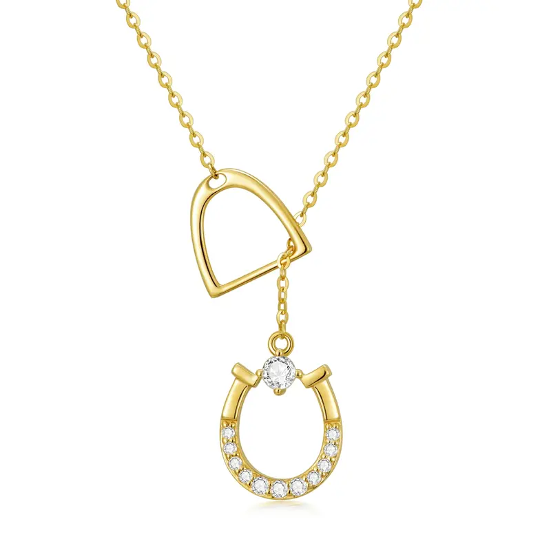 14K Gold Circular Shaped Cubic Zirconia Horseshoe Pendant Necklace