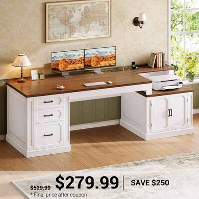 SEDETA | 70.9 Inch Farmhouse Computer Desk with Printer Stand Outlets, Vintage Executive Home Office Desk, Drawers, Storage C...
