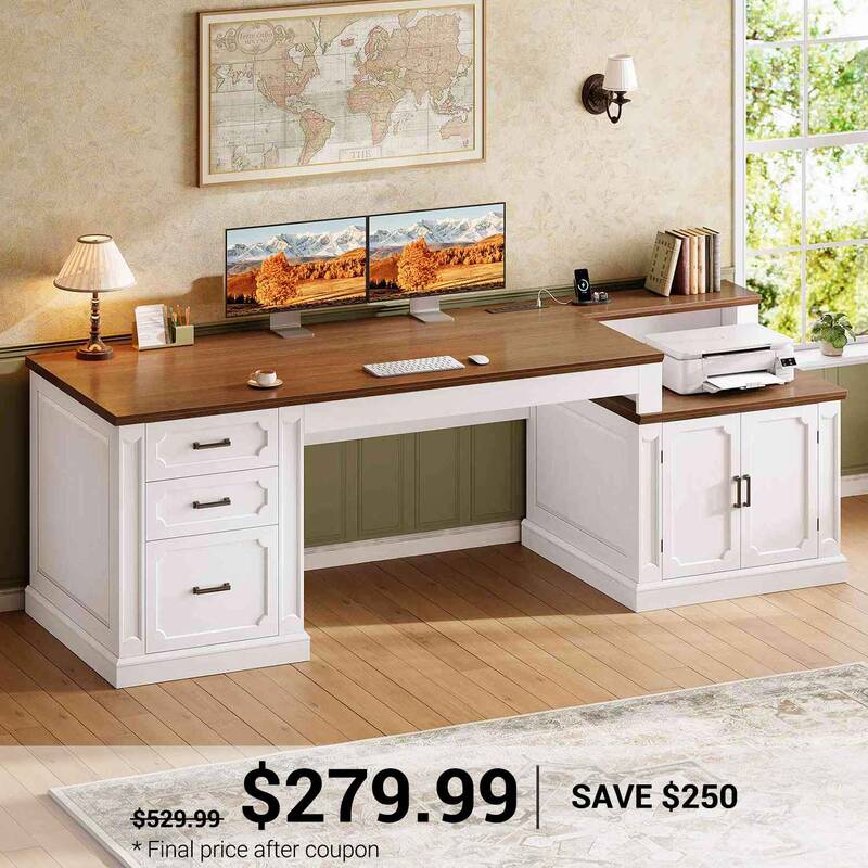 SEDETA | 70.9 Inch Farmhouse Computer Desk with Printer Stand Outlets, Vintage Executive Home Office Desk, Drawers, Storage C...