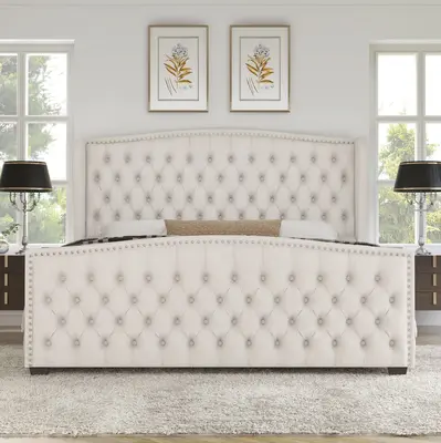 [Restock Sale]VanAcc Luxury Bed Frame, Velvet Upholstered Bed with Deep Button Tufted Design& Nailhead Trim Wingback Headboar...