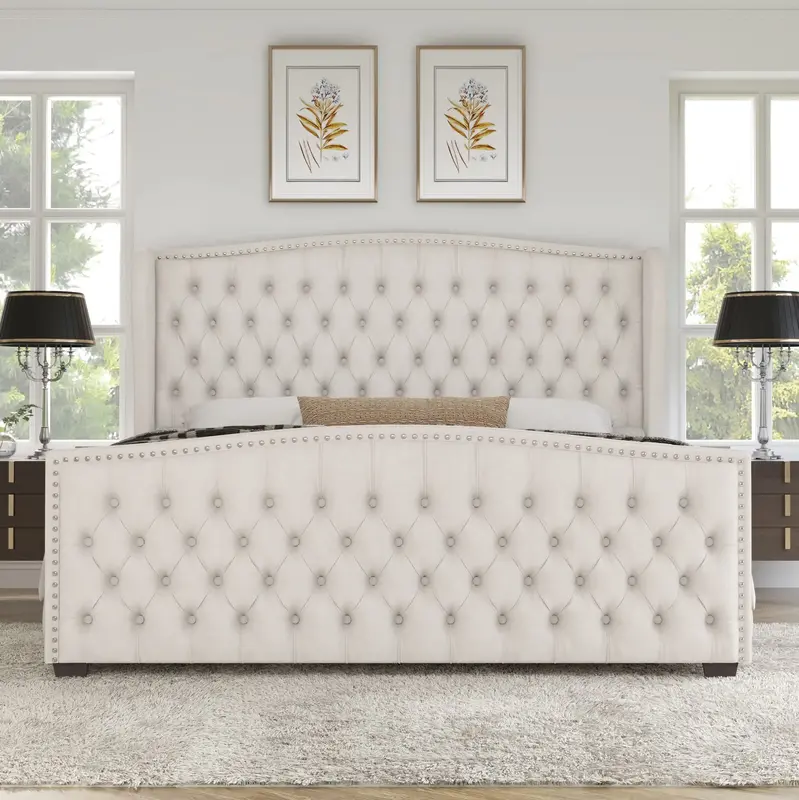 [Restock Sale]VanAcc Luxury Bed Frame, Velvet Upholstered Bed with Deep Button Tufted Design& Nailhead Trim Wingback Headboar...