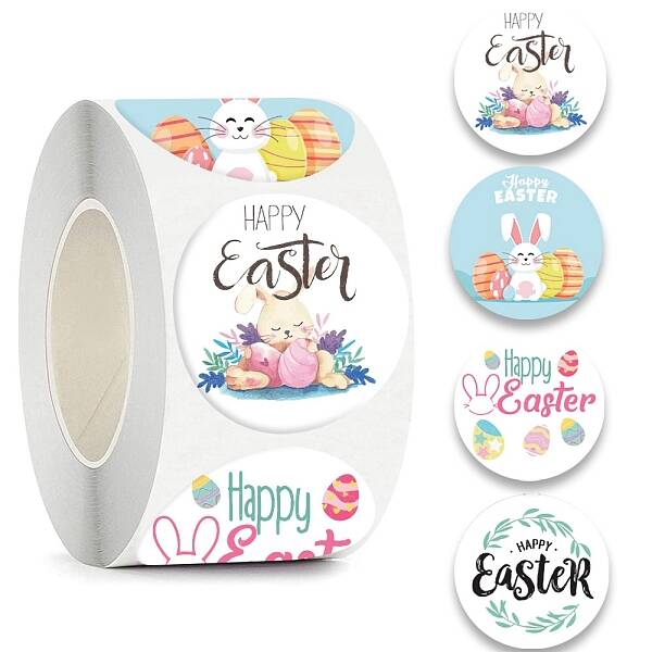 4 Patterns Round Dot Easter Theme Paper Self-adhesive Rabbit Easter Egg Stickers