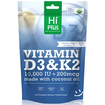HiPlus Vitamin D3 & K2 | 10,000 IU + 200 mcg, Immune Support & Bone Health, Made with Coconut Oil,300 Softgels Natural Extra ...