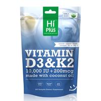 HiPlus Vitamin D3 & K2 | 10,000 IU + 200 mcg, Immune Support & Bone Health, Made with Coconut Oil,300 Softgels Natural Extra ...