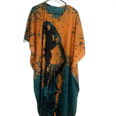 Plus Size Kaftan Dresses for Ladies - Casual Women's Wear, Parfait Design, Orange & Teal Color Block, Versatile for Home and ...