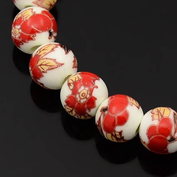 Handmade Printed Porcelain Round Beads Strands
