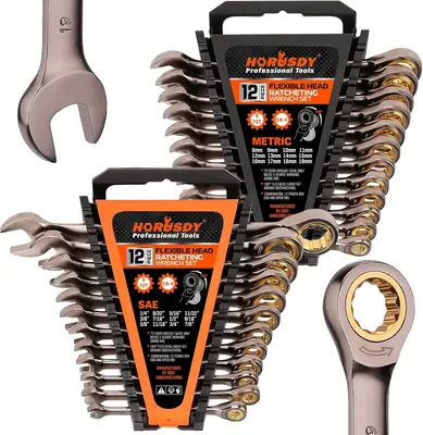 HORUSDY 24-Piece Ratcheting Wrench Set | Metric and SAE | Ratchet Combination Wrenches Set with Organizer | 72-Teeth | Chrome...