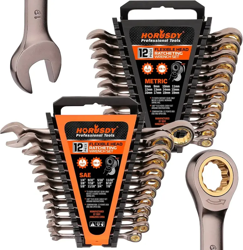 HORUSDY 24-Piece Ratcheting Wrench Set | Metric and SAE | Ratchet Combination Wrenches Set with Organizer | 72-Teeth | Chrome...