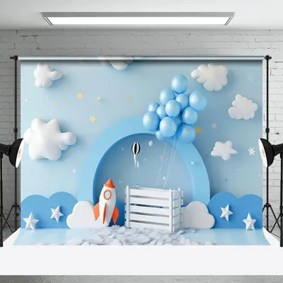 Aperturee Blue Cloud Sky Balloons Rocket Cake Smash Backdrop, 3X2FT(1MX0.6M), 14 USD, birthday cake smash backdrops, NYHD1I78...