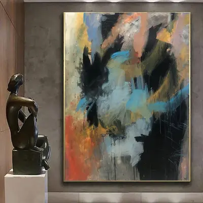 Abstract Wall Art Original Artwork on Canvas: Colorful Textured Paintings in Black, Blue and Red Colors Wall Decor | DARK SIL...