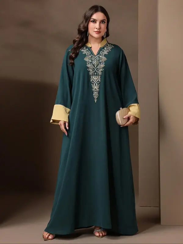 【Plus Size】 Floral Embroidery V Neck Arabic Clothing, Modest Long Sleeve Dress for Daily Wear, Women's Islamic Clothing f...