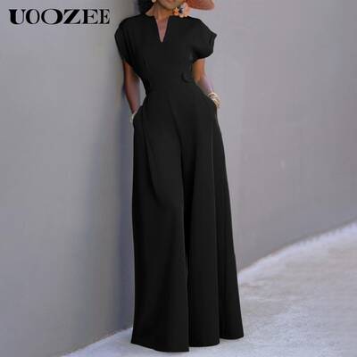 UOOZEE Women's Basic Cap Sleeve Wide Leg Jumpsuit - Fitted Polyester Work Outfits Womenswear Overall with V-Neckline - C