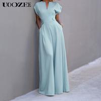 UOOZEE Women's Green Cap Sleeve Wide Leg Jumpsuit - Fitted Polyester Overall with V-Neckline - Chic & Elegant Style (the size...