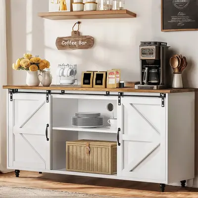 HOMBCK Farmhouse Coffee Bar Cabinet, 58'' Kitchen Buffet Sideboard Storage Cabinet with Adjustable Shelves, White