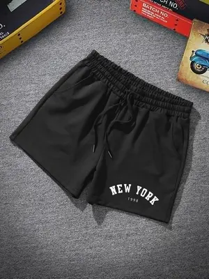 Men's Letter Print Drawstring Waist Shorts, Regular Fit Streetwear Pocket Elastic Waist Track Shorts, Summer Clothes, Summer ...