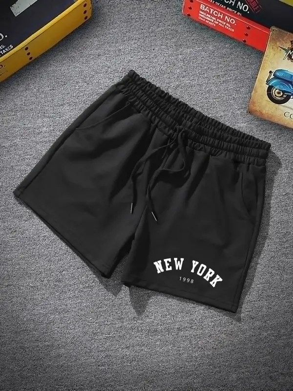 Men's Letter Print Drawstring Waist Shorts, Regular Fit Streetwear Pocket Elastic Waist Track Shorts, Summer Clothes, Summer ...