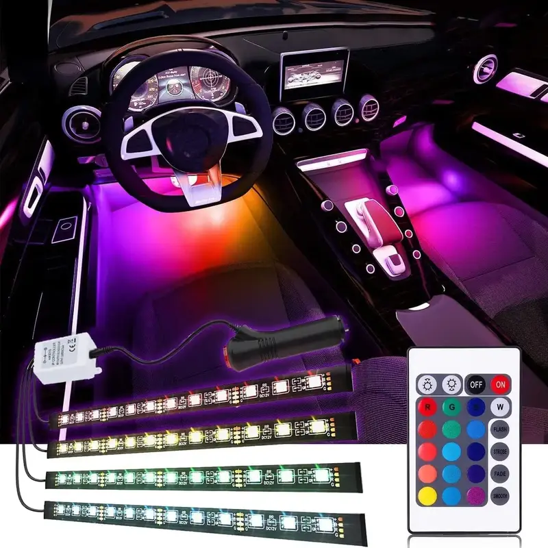 RGB Interior Car Strip Lights with Remote Control, Music Sync Under Dash Footwell Neon Internal Lighting Kit Multicolor,12V L...
