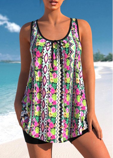 Modlily Floral Geometric Print Multi Color Tankini Top - S