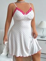 【Plus Size】 Heart Print Contrast Lace Lettuce Trim Cami Nightdress, Casual Cute Soft Comfortable Spaghetti Strap Nightgo...