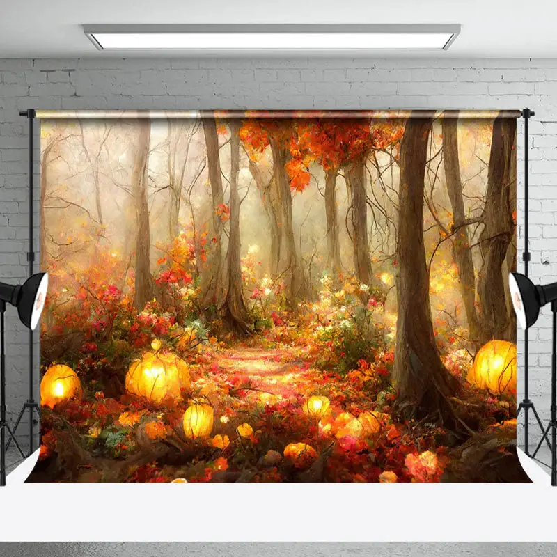 Red Leaves Trees Pumpkin Watercolor Autumn Backdrop - Aperturee