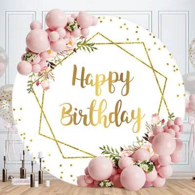 Aperturee Pink Floral Gold Glitter Round Happy Birthday Backdrop