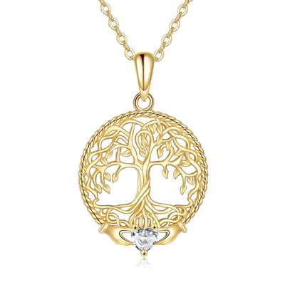 14K Gold Cubic Zirconia Tree Of Life Pendant Necklace