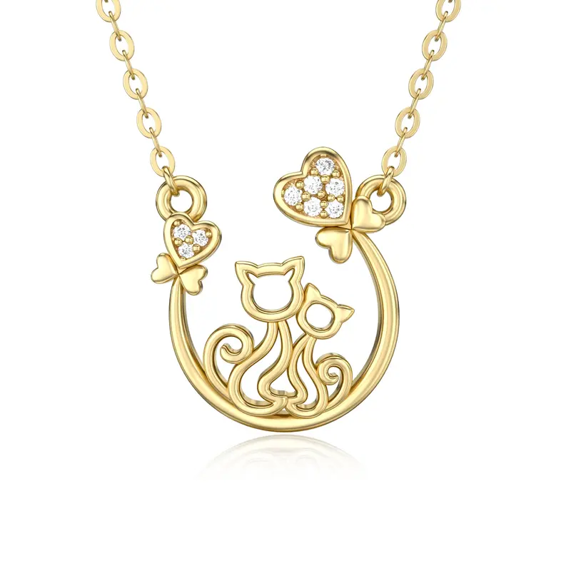 14K Gold Moissanite Cat Pendant Necklace