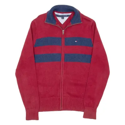 TOMMY HILFIGER Mens Patterned Cardigan Red Striped High Neck Tight Knit XS