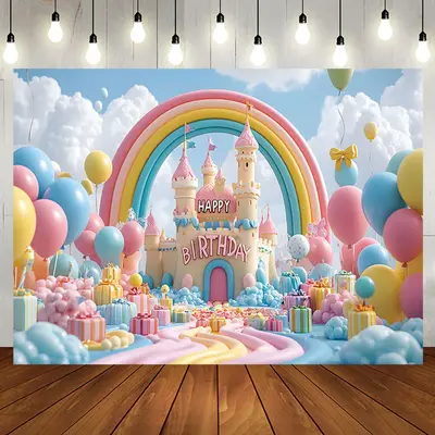 Aperturee Rainbow Color Wonderland Happy Birthday Backdrop, 5X3FT(1.5X1M), 15.07 USD, birthday backdrops, NYHD1J37-E