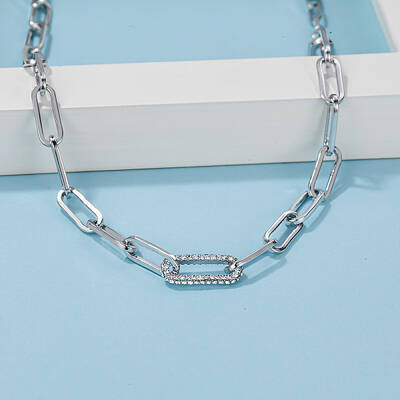 Simple Brass Micro Pave Clear Cubic Zirconia Paperclip Chain Necklaces for Daily Wear