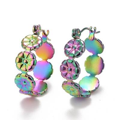 Ion Plating(IP) Rainbow Color Flower 304 Stainless Steel Hoop Earrings for Women