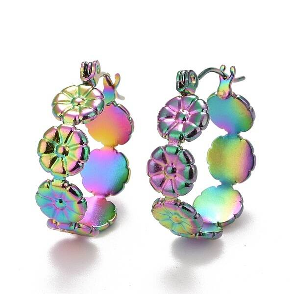 Ion Plating(IP) Rainbow Color Flower 304 Stainless Steel Hoop Earrings for Women