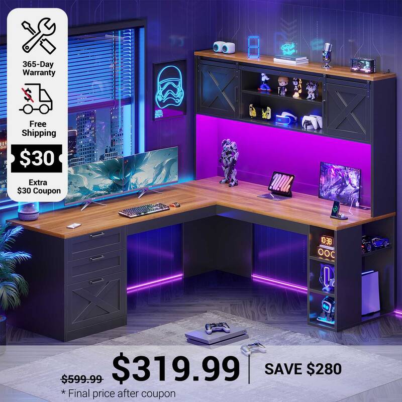 SEDETA | 67 Inch Farmhouse Computer Desk L Shaped Home Office Executive Desks with LED Lights Drawers Sliding Doors Hutch Sto...