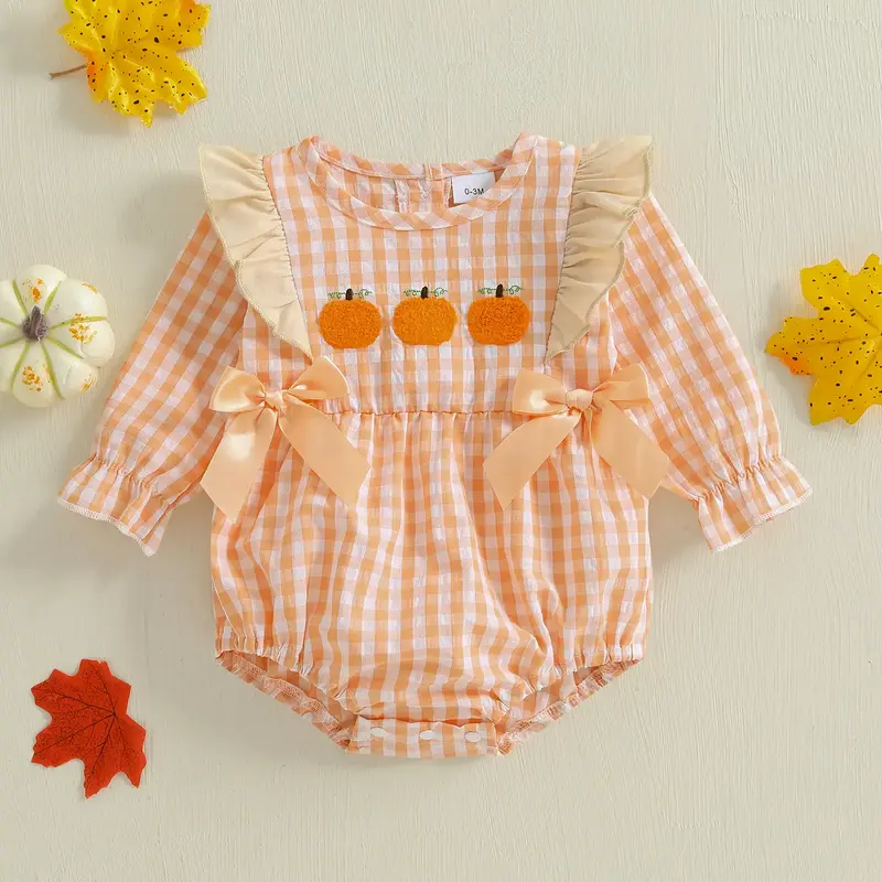 Halloween Baby Girl Clothes Pumpkin Plaid Romper Thanksgiving Long Sleeve Bodysuit Top Fall Winter Outfit