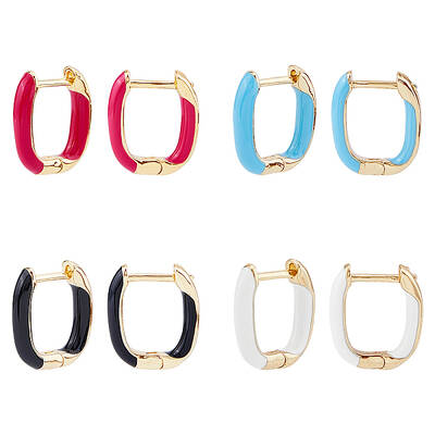 4 Pairs 4 Colors Real 18K Gold Plated Brass Rectangle Hoop Earrings