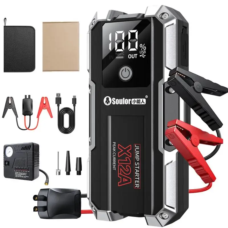 12V Portable Car Jump Starter, 3000A Car Battery Jumper Box with USB Port & LED Lighting, Intelligent Digital Display Screen ...