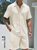 Two-piece Set Men's Solid Textured Short Sleeve Shirt & Shorts, Regular Fit Casual Comfy Button Down Top & Shorts for Summer,...