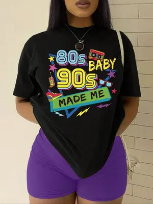 Women's Figure & Letter Print Drop Shoulder Tee, Street Fashion Casual Short Sleeve Round Neck T-Shirt for Daily Holiday Vaca...