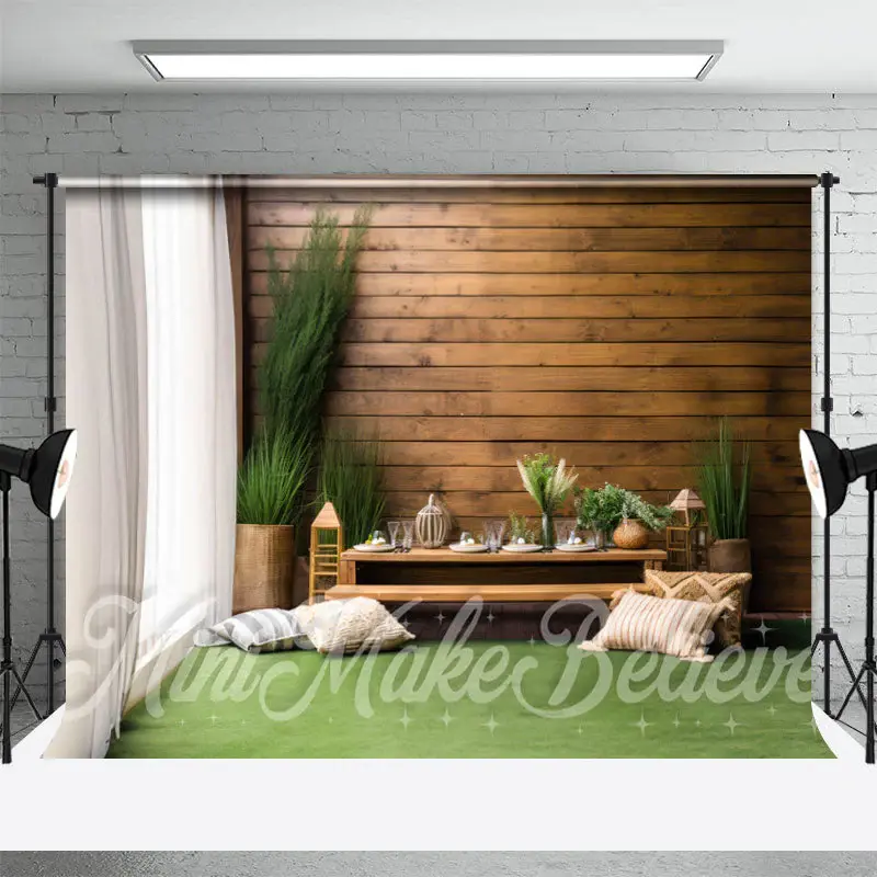 Green Plant Vase Window Wooden Wall Spring Backdrop - Aperturee